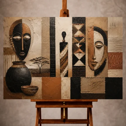 Muted copper and matte black African Inspired Wall Art print for elegant interiors. No text or watermarks in design.