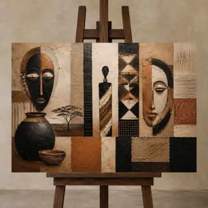Muted Copper & Matte Black African Inspired Wall Art Canvas Print displayed on a studio easel