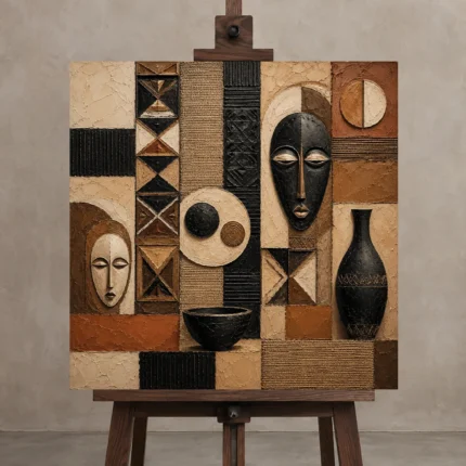 Clay, Ebony & Ivory African Inspired Wall Art Canvas Print shown in Studio Easel