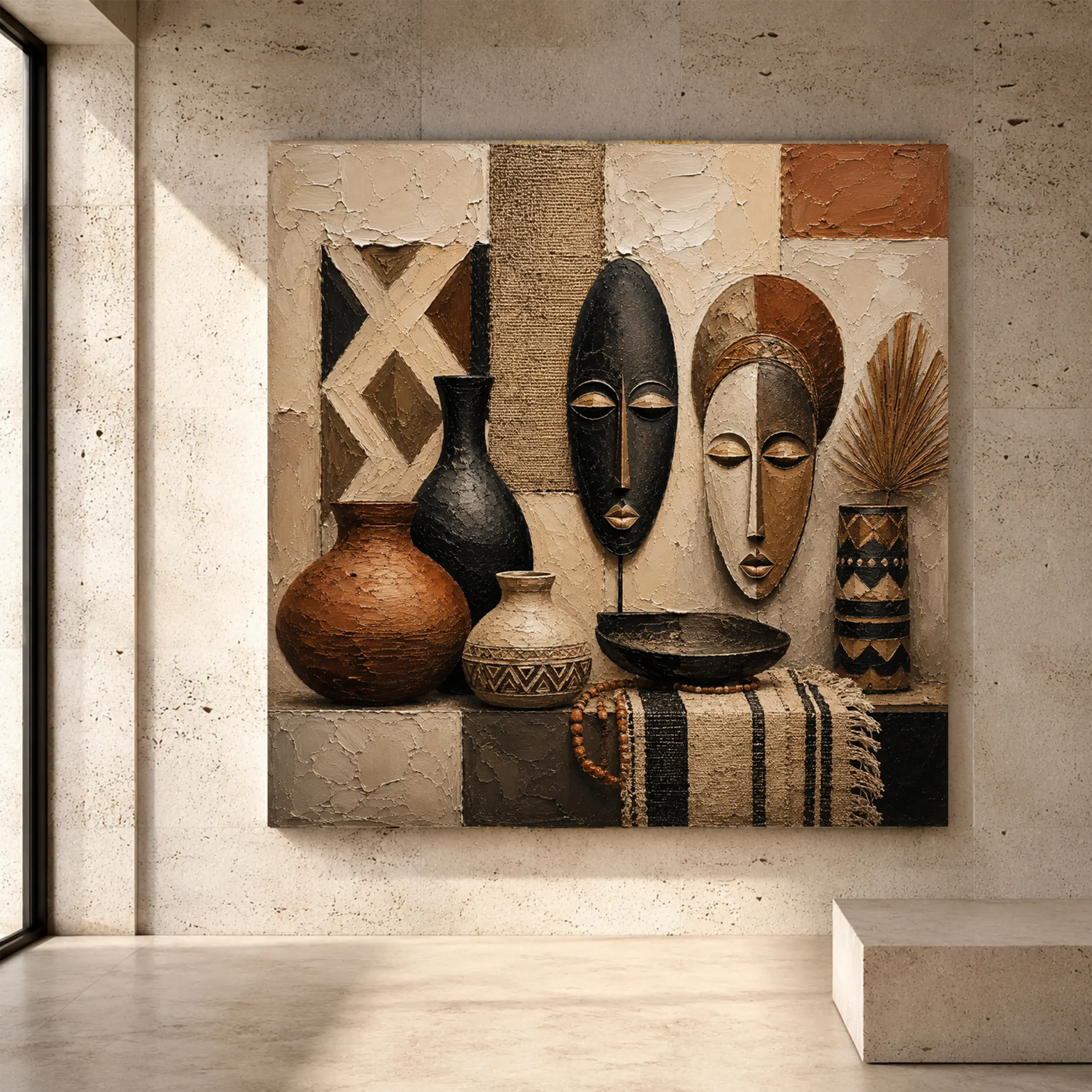 Premium Wall Art Kare Html Edition – ETNİCART017 Image 1 Ivory, clay and terracotta African Inspired Wall Art print for elegant interiors. No text or watermarks in design.