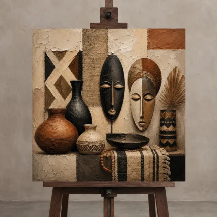Ivory, Clay & Terracotta African Inspired Wall Art Canvas Print displayed on a studio easel