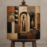 Clay, Black & Ivory African Inspired Wall Art Canvas Print displayed on a studio easel