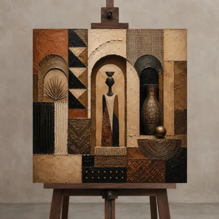 Clay, Black & Ivory African Inspired Wall Art Canvas Print shown in Studio Easel