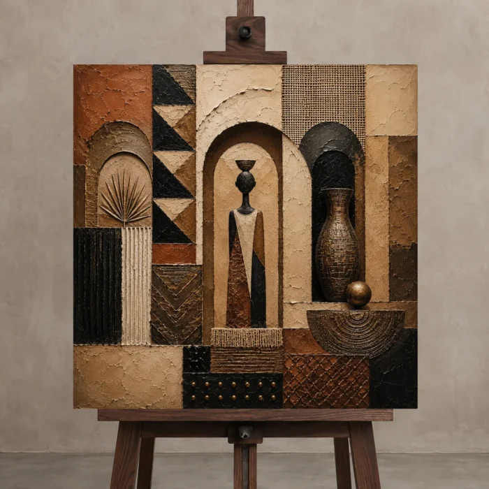 Clay, Black & Ivory African Inspired Wall Art Canvas Print displayed on a studio easel