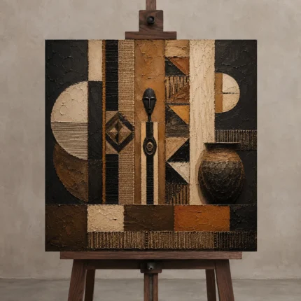 Charcoal, Clay & Ochre African Inspired Wall Art Canvas Print shown in Studio Easel