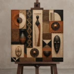 Terracotta, Black & Copper African Inspired Wall Art Canvas Print displayed on a studio easel