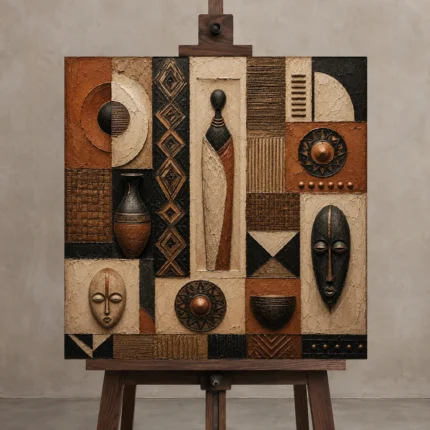 Terracotta, Black & Copper African Inspired Wall Art Canvas Print displayed on a studio easel