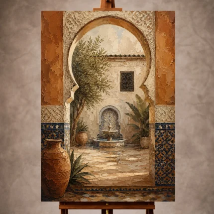 Terracotta, sand and indigo Moroccan Wall Art print for elegant interiors. No text or watermarks in design.