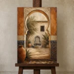 Terracotta, Sand & Indigo Moroccan Wall Art Canvas Print displayed on a studio easel