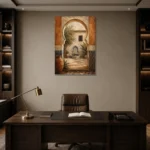 Terracotta, Sand & Indigo Moroccan Wall Art Canvas Print displayed in a contemporary gallery-inspired room