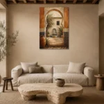 Terracotta, Sand & Indigo Moroccan Wall Art Canvas Print presented in a sophisticated home setting