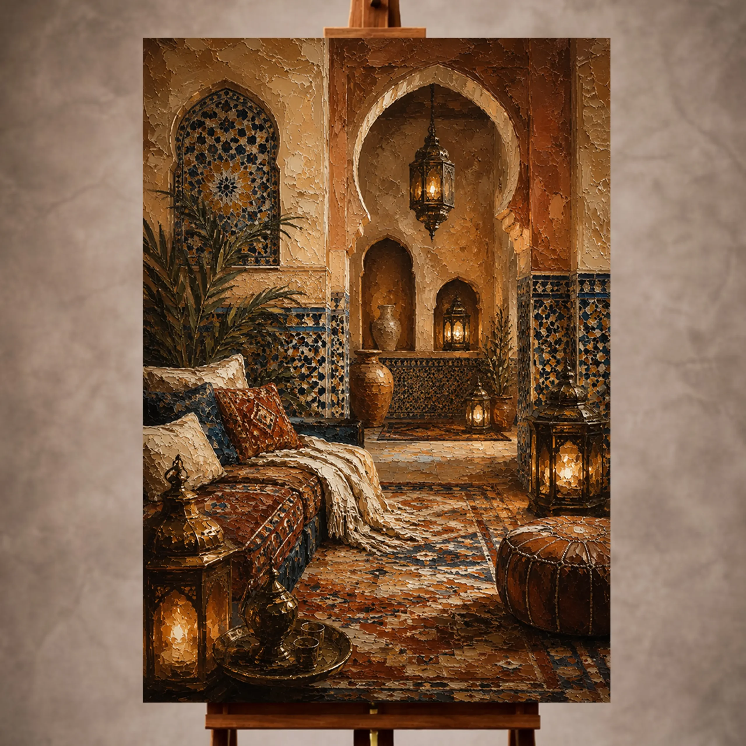 Premium Wall Art Dikey Html Edition – ETNİCART022 Image 1 Sand, terracotta and indigo Moroccan Wall Art print for elegant interiors. No text or watermarks in design.