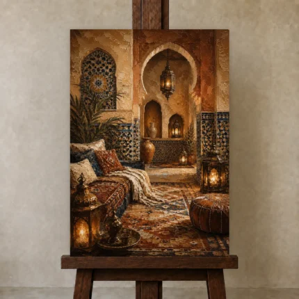 Sand, Terracotta & Indigo Moroccan Wall Art Canvas Print shown in Studio Easel