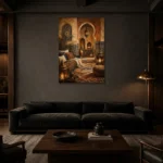 Sand, Terracotta & Indigo Moroccan Wall Art Canvas Print shown in a warm modern interior