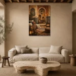 Sand, Terracotta & Indigo Moroccan Wall Art Canvas Print presented in a sophisticated home setting