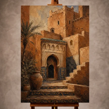 Terracotta, clay and indigo Moroccan Wall Art print for elegant interiors. No text or watermarks in design.