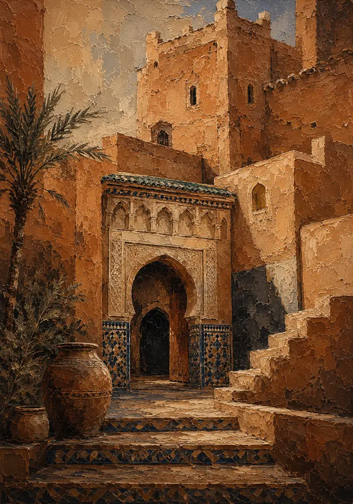 Terracotta, Clay & Indigo Kasbah Moroccan Wall Art Canvas Print
