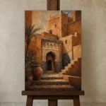 Terracotta, Clay & Indigo Kasbah Moroccan Wall Art Canvas Print displayed on a studio easel
