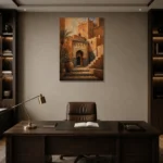 Terracotta, Clay & Indigo Kasbah Moroccan Wall Art Canvas Print displayed in a contemporary gallery-inspired room