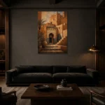 Terracotta, Clay & Indigo Kasbah Moroccan Wall Art Canvas Print shown in a warm modern interior