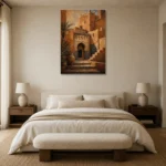 Terracotta, Clay & Indigo Kasbah Moroccan Wall Art Canvas Print showcased in an elegant minimalist interior