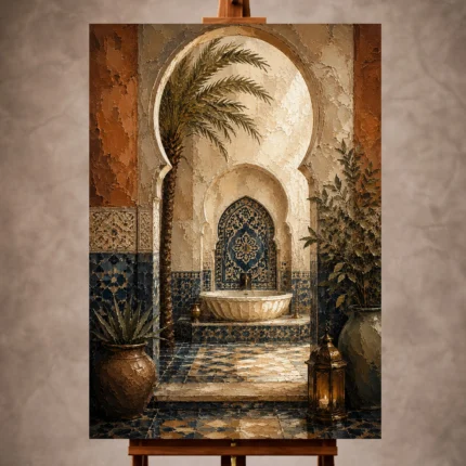 Indigo, sand and sage Moroccan Wall Art print for elegant interiors. No text or watermarks in design.