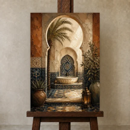 Indigo, Sand & Sage Oasis Moroccan Wall Art Canvas Print shown in Studio Easel
