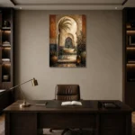 Indigo, Sand & Sage Oasis Moroccan Wall Art Canvas Print displayed in a contemporary gallery-inspired room
