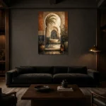 Indigo, Sand & Sage Oasis Moroccan Wall Art Canvas Print shown in a warm modern interior