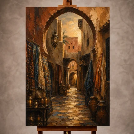 Terracotta, indigo and muted gold Moroccan Wall Art print for elegant interiors. No text or watermarks in design.