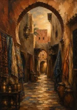 Terracotta, Indigo & Muted Gold Moroccan Souk Wall Art Canvas Print