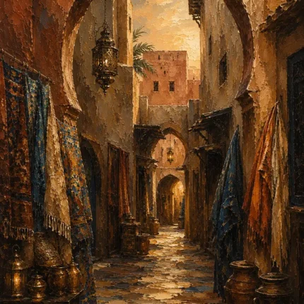 Terracotta, Indigo & Muted Gold Moroccan Souk Wall Art Canvas Print