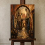 Terracotta, Indigo & Muted Gold Moroccan Souk Wall Art Canvas Print displayed on a studio easel