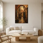 Terracotta, Indigo & Muted Gold Moroccan Souk Wall Art Canvas Print styled in a refined neutral interior