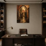 Terracotta, Indigo & Muted Gold Moroccan Souk Wall Art Canvas Print displayed in a contemporary gallery-inspired room