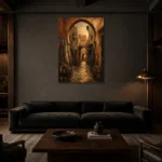 Terracotta, Indigo & Muted Gold Moroccan Souk Wall Art Canvas Print shown in a warm modern interior