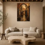 Terracotta, Indigo & Muted Gold Moroccan Souk Wall Art Canvas Print presented in a sophisticated home setting