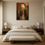 Terracotta, Indigo & Muted Gold Moroccan Souk Wall Art Canvas Print showcased in an elegant minimalist interior