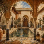 Terracotta, Sand & Indigo Riad Moroccan Wall Art Canvas Print