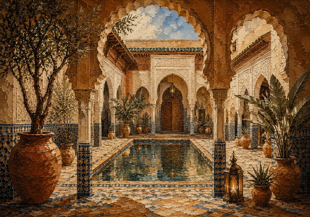 Terracotta, Sand & Indigo Riad Moroccan Wall Art Canvas Print