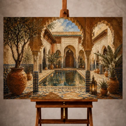 Terracotta, sand and indigo Moroccan Wall Art print for elegant interiors. No text or watermarks in design.