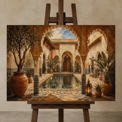 Terracotta, Sand & Indigo Riad Moroccan Wall Art Canvas Print displayed on a studio easel