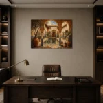 Terracotta, Sand & Indigo Riad Moroccan Wall Art Canvas Print displayed in a contemporary gallery-inspired room