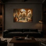 Terracotta, Sand & Indigo Riad Moroccan Wall Art Canvas Print shown in a warm modern interior