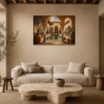 Terracotta, Sand & Indigo Riad Moroccan Wall Art Canvas Print presented in a sophisticated home setting