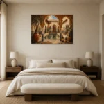Terracotta, Sand & Indigo Riad Moroccan Wall Art Canvas Print showcased in an elegant minimalist interior