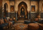 Indigo, Sand & Bronze Majlis Moroccan Wall Art Canvas Print