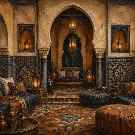 Indigo, Sand & Bronze Majlis Moroccan Wall Art Canvas Print