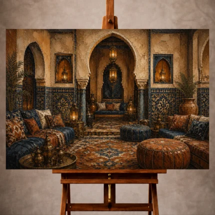 Indigo, sand and bronze Moroccan Wall Art print for elegant interiors. No text or watermarks in design.