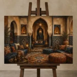 Indigo, Sand & Bronze Majlis Moroccan Wall Art Canvas Print displayed on a studio easel